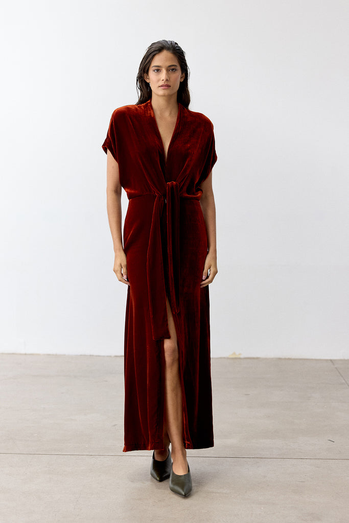 Vestido Nudo Ablusonado Terciopelo - Paprika