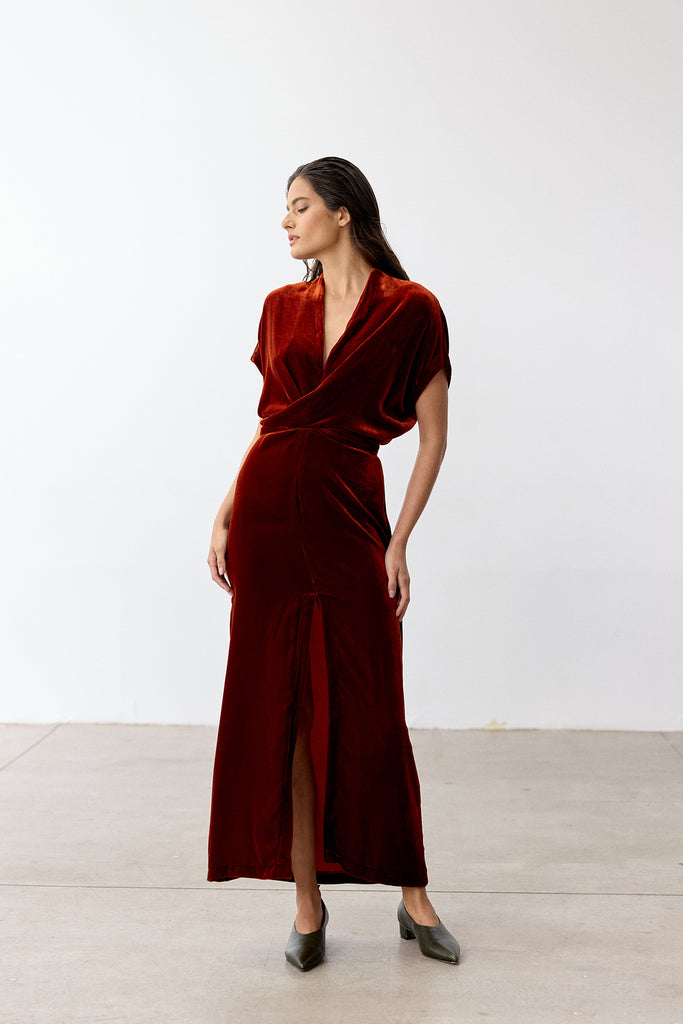 Vestido Nudo Ablusonado Terciopelo - Paprika