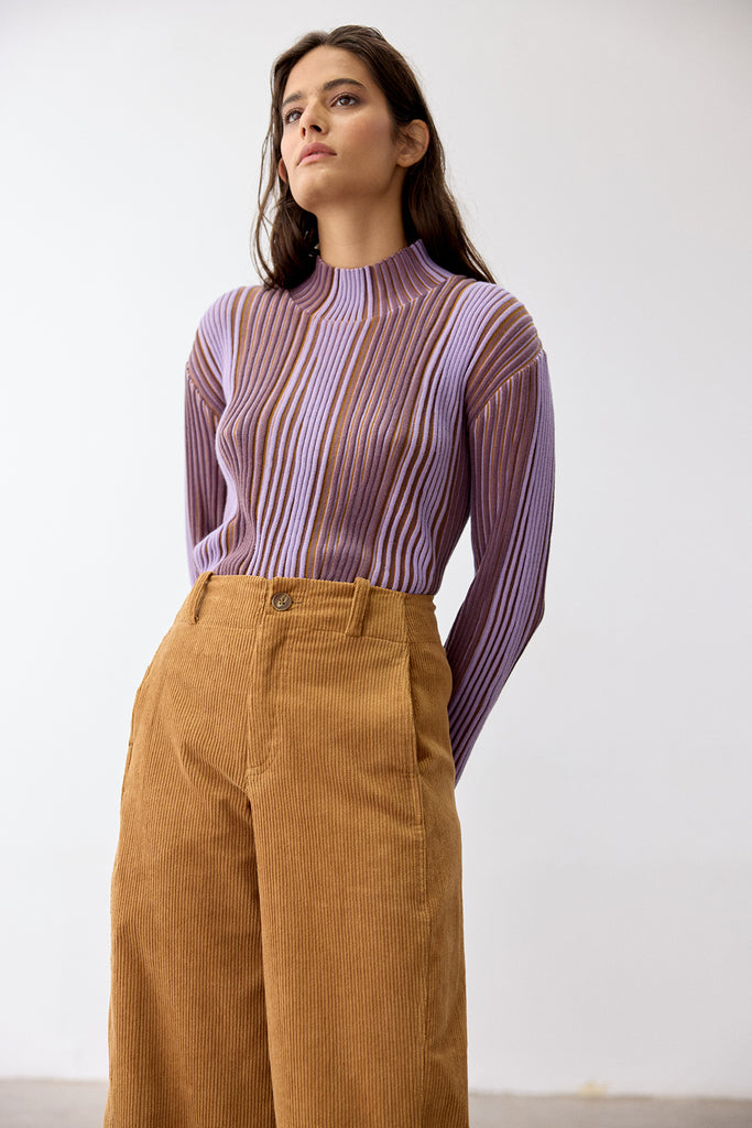 Mock Neck Contrast Knitted Top Pima Cotton - Lavanda