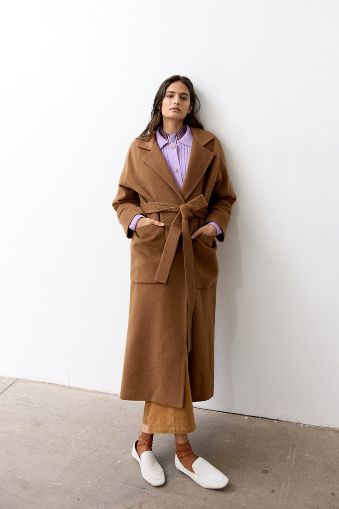 Notch Collar Long Baby Alpaca Coat - Camel