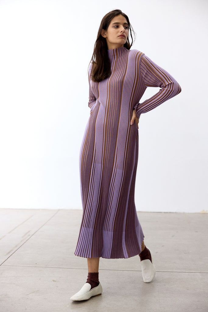 Mock Neck Contrast Knitted Dress Pima Cotton - Lavanda