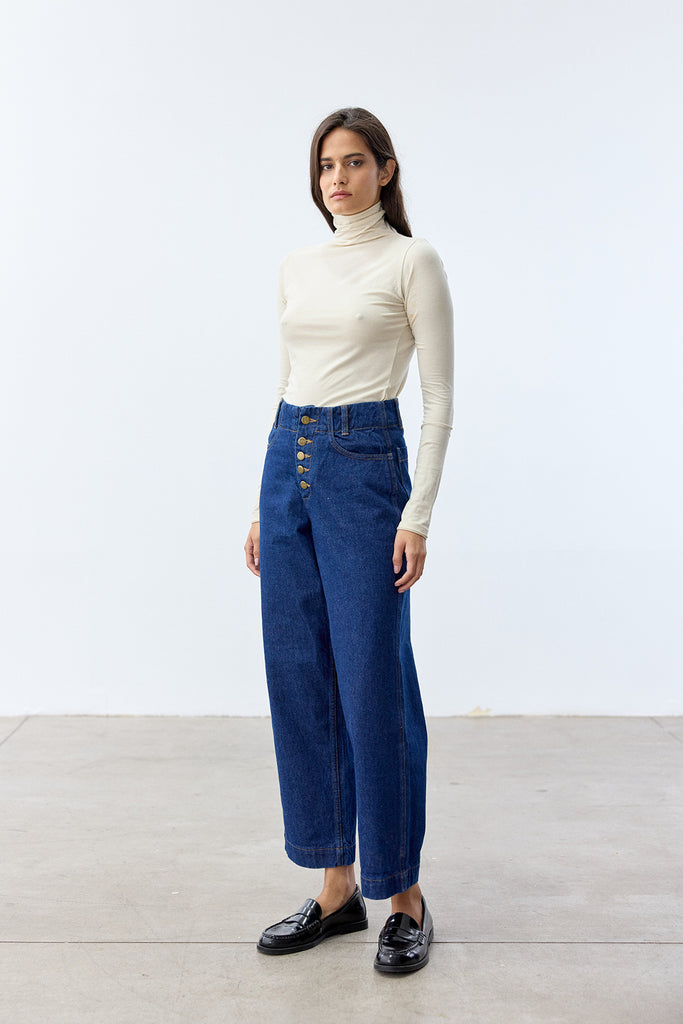 Recycled Denim Relaxed Buttoned Jeans - Blue