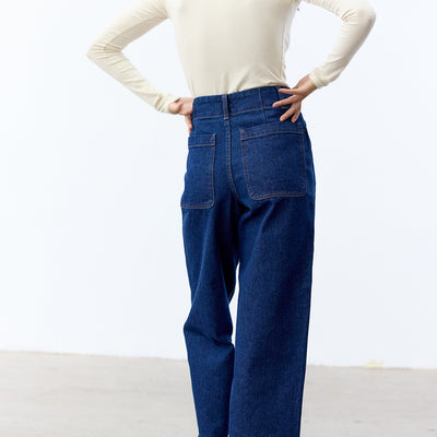 Recycled Denim Relaxed Buttoned Jeans - Blue