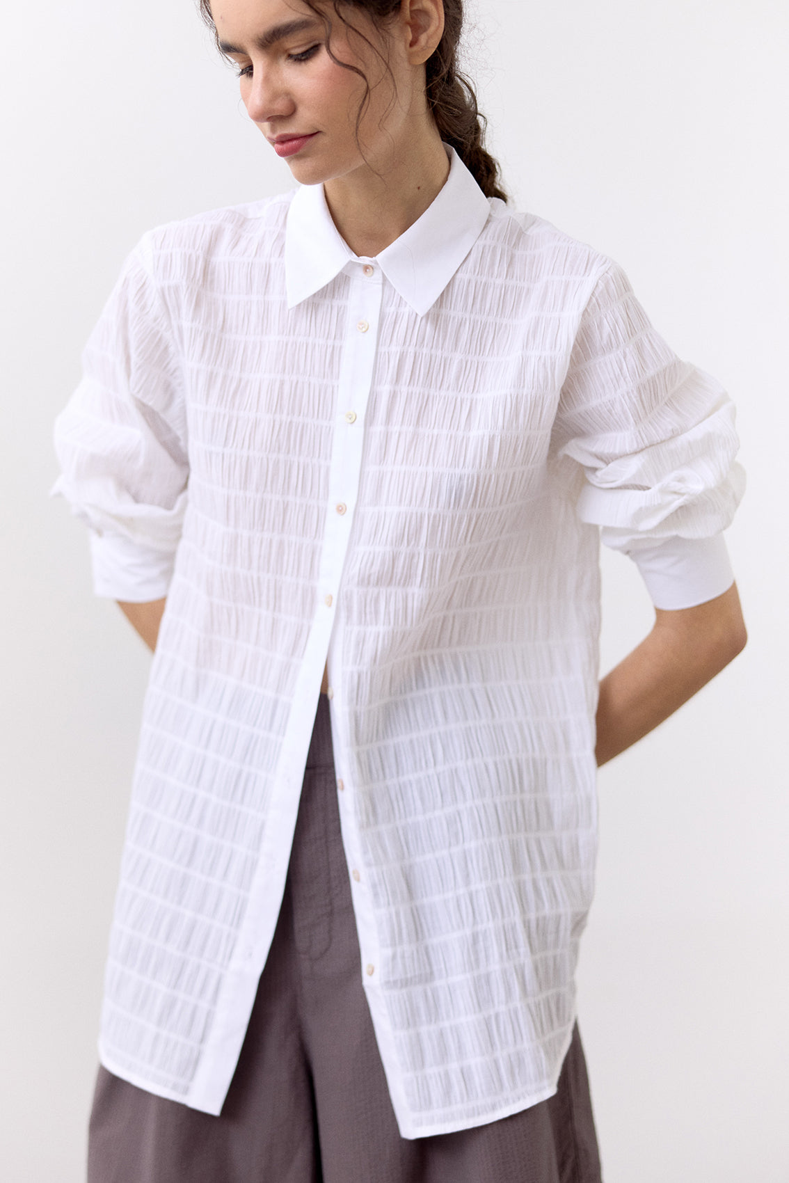 Smocked Cotton Button-Down Shirt - Sal