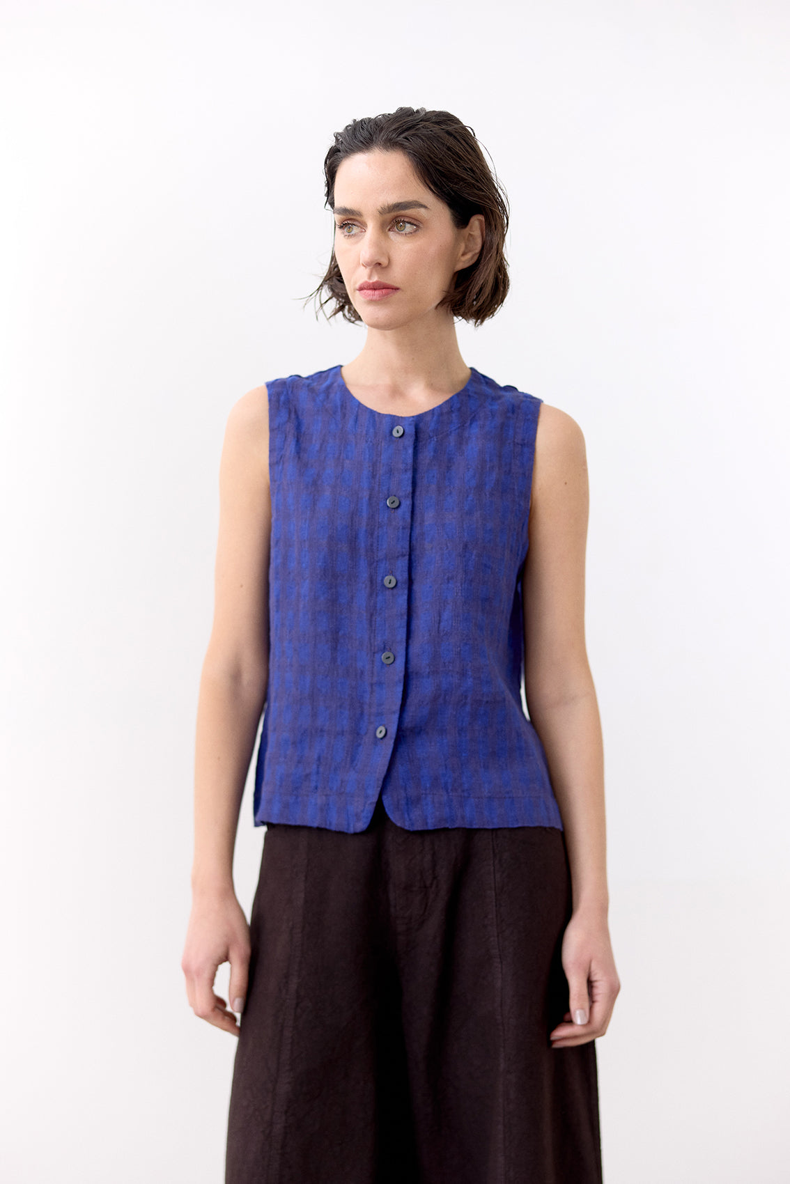 Gingham Buttoned Linen Top - Ultramar