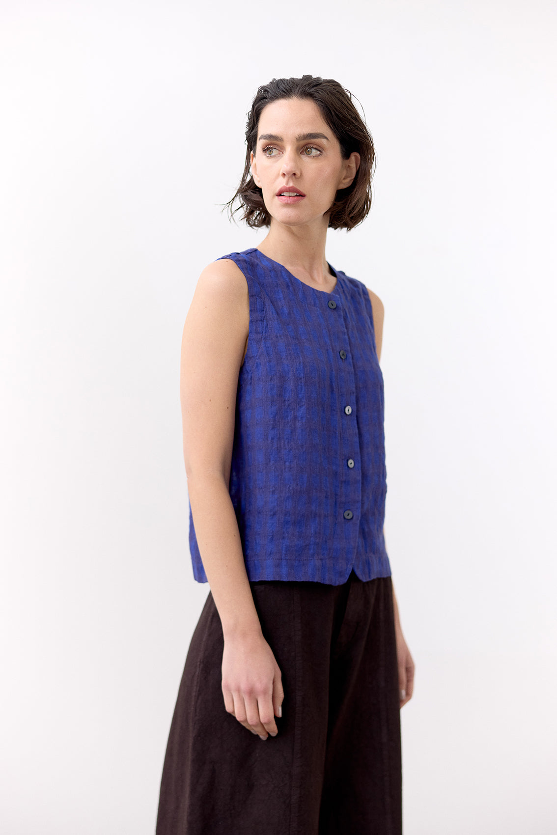 Gingham Buttoned Linen Top - Ultramar