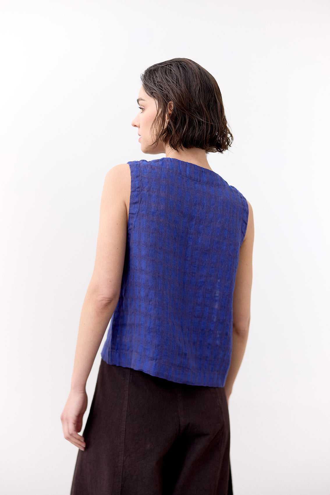 Gingham Buttoned Linen Top - Ultramar