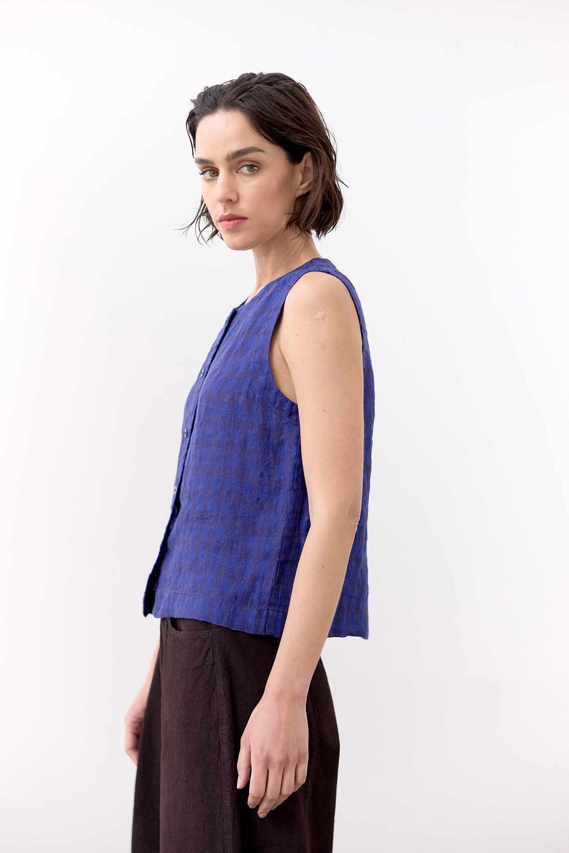 Gingham Buttoned Linen Top - Ultramar