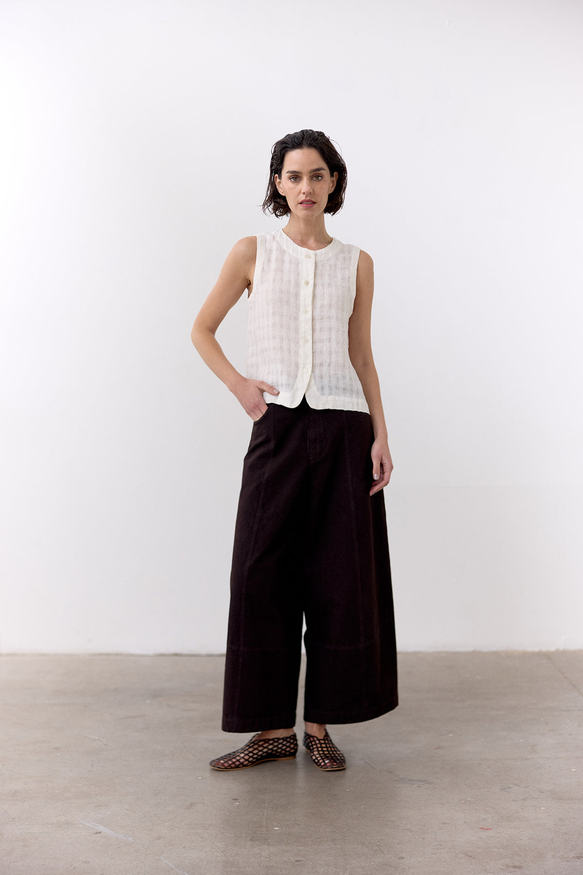 Pantalón Ancho Curvo Algodón Rugoso - Tierra