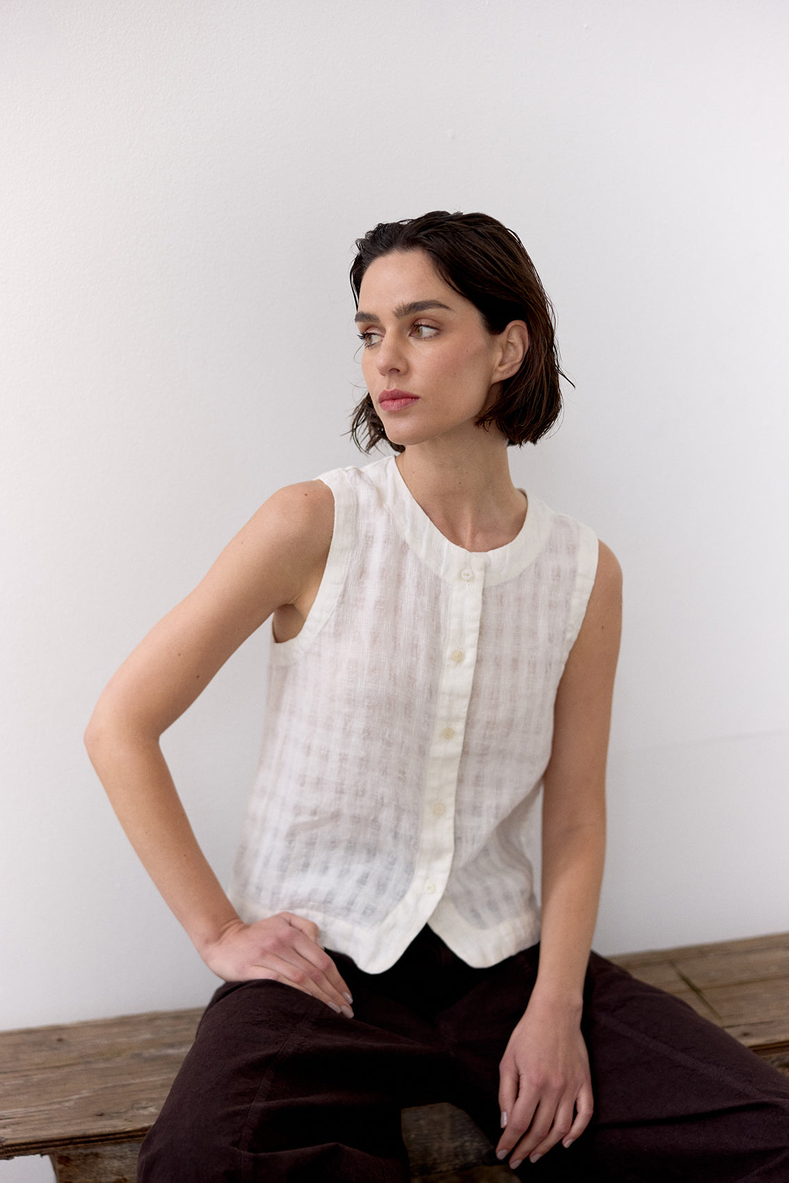Gingham Buttoned Linen Top - Sal