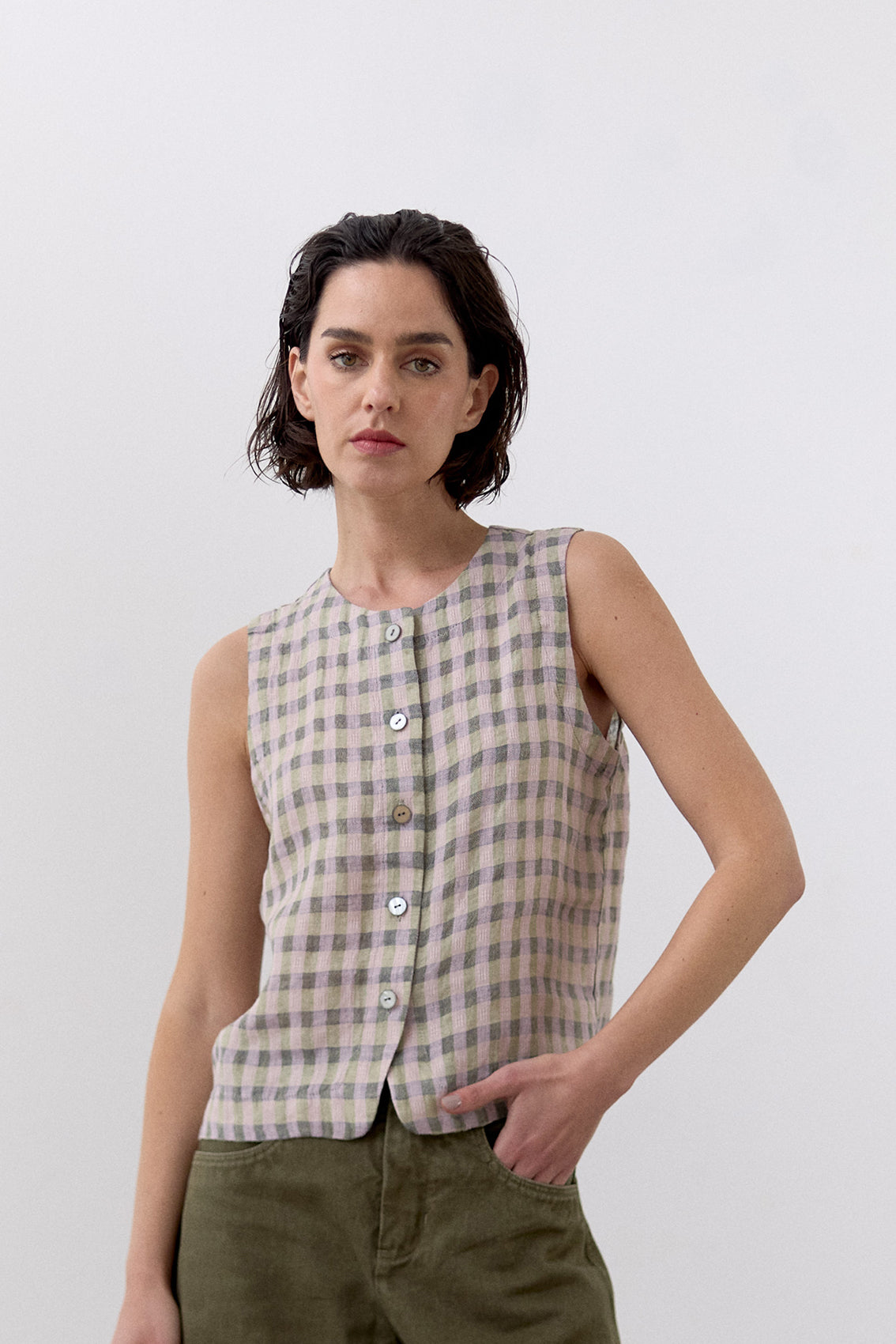 Gingham Buttoned Linen Top - Checked