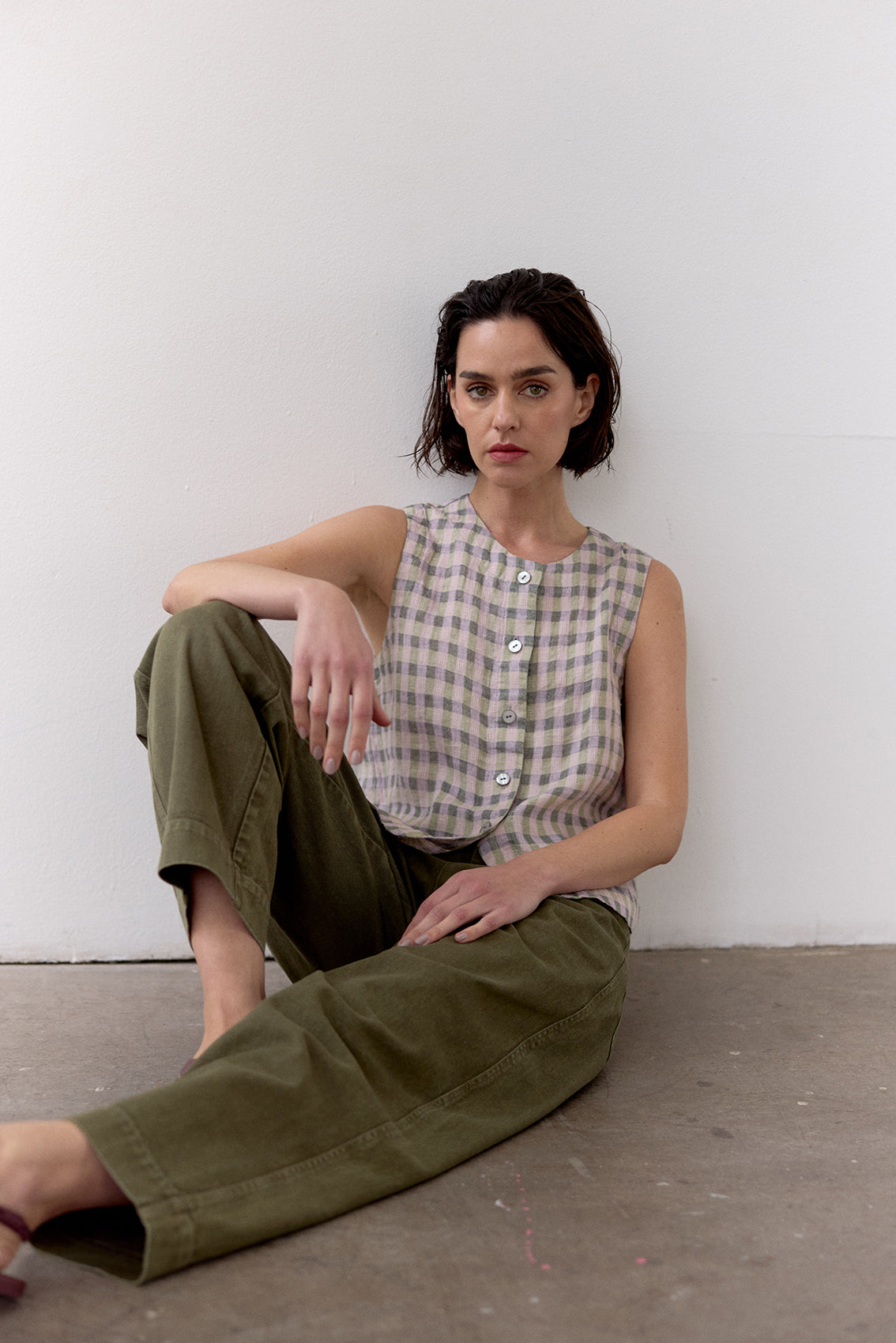 Gingham Buttoned Linen Top - Checked