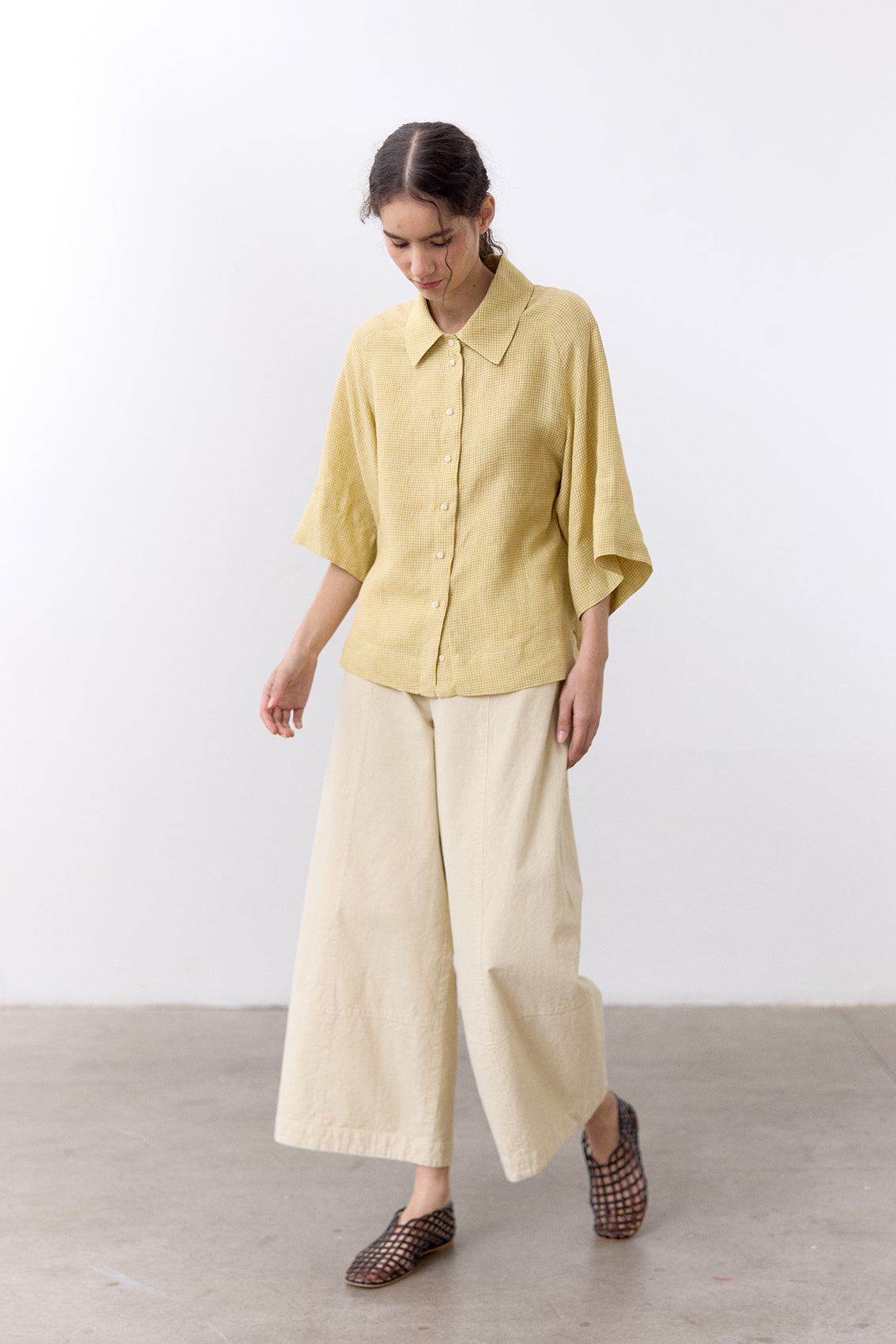 Blusa Microcuadrillé Raglan Lino - Mantequilla