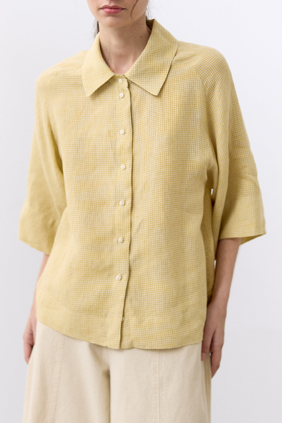 Blusa Microcuadrillé Raglan Lino - Mantequilla