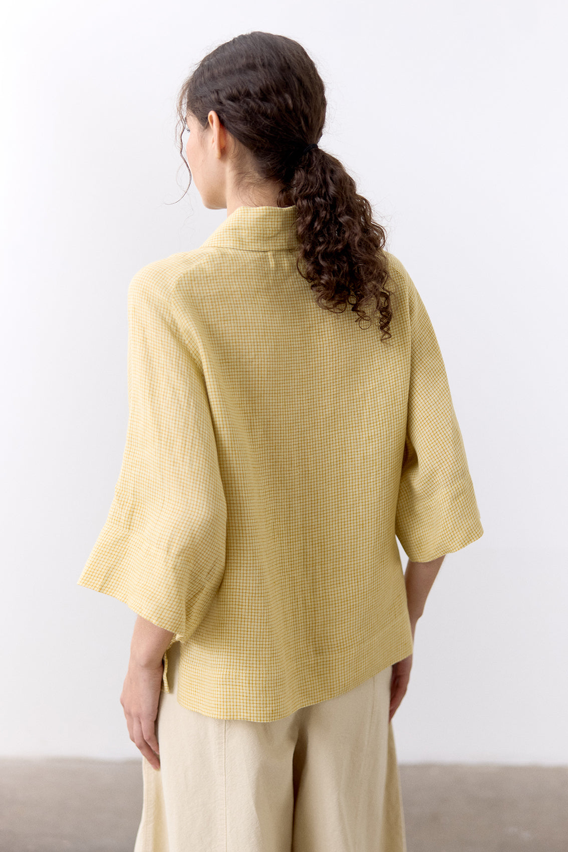 Blusa Microcuadrillé Raglan Lino - Mantequilla