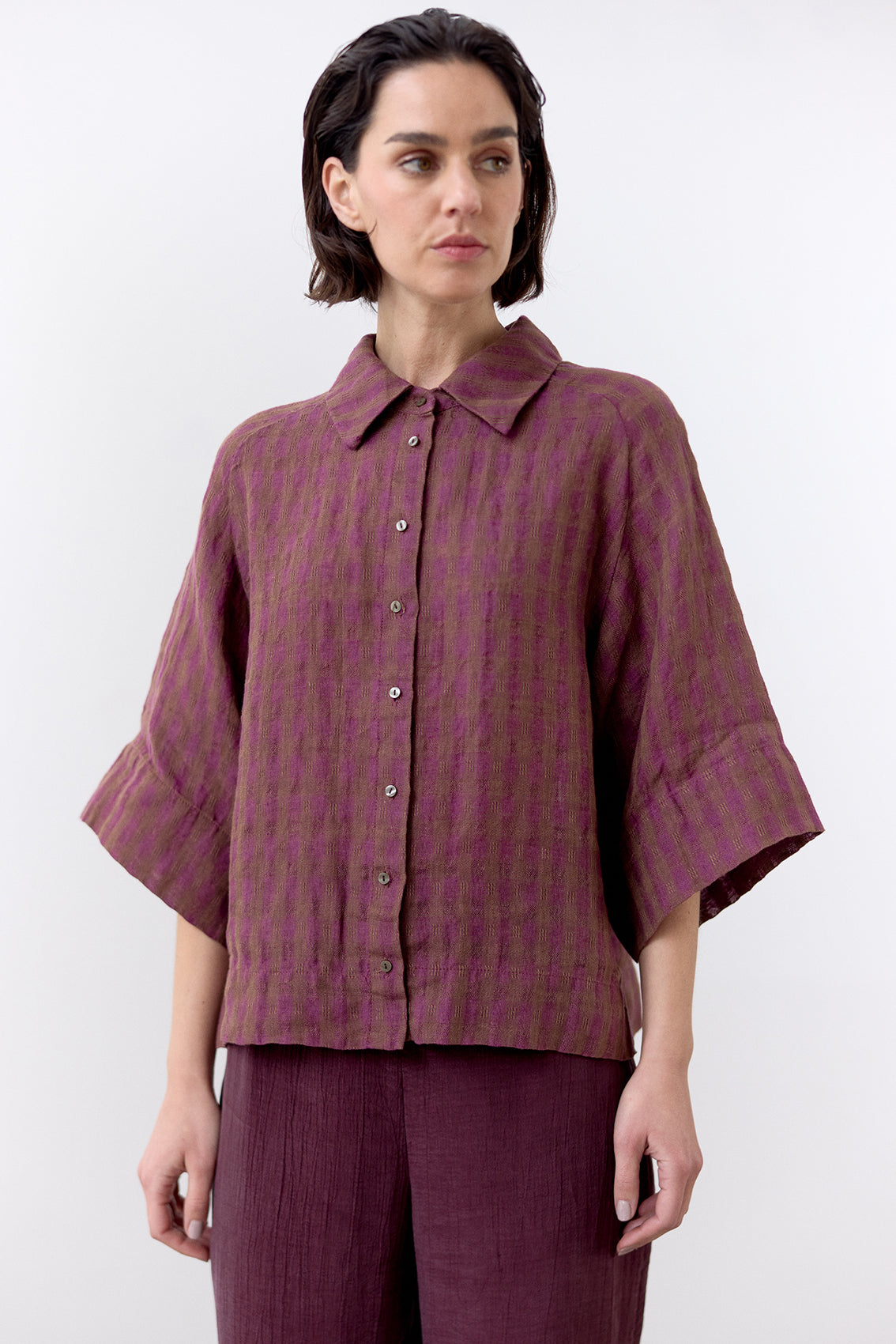 Gingham Linen Shirt - Ciruela