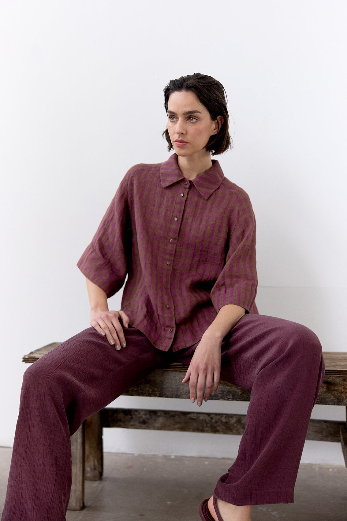 Gingham Linen Shirt - Ciruela
