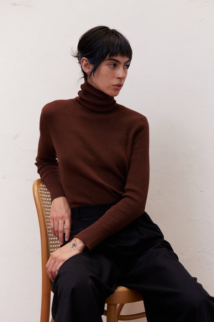 Ribbed Knitted Turtleneck Top Cotton/Alpaca - Cacao