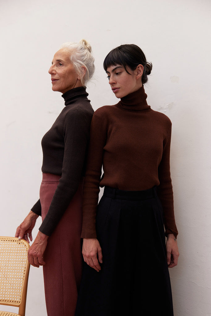 Ribbed Knitted Turtleneck Top Cotton/Alpaca - Espresso