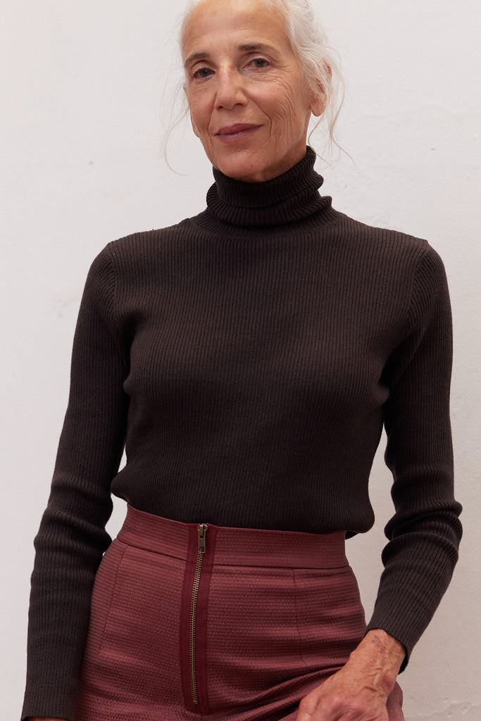 Ribbed Knitted Turtleneck Top Cotton/Alpaca - Espresso