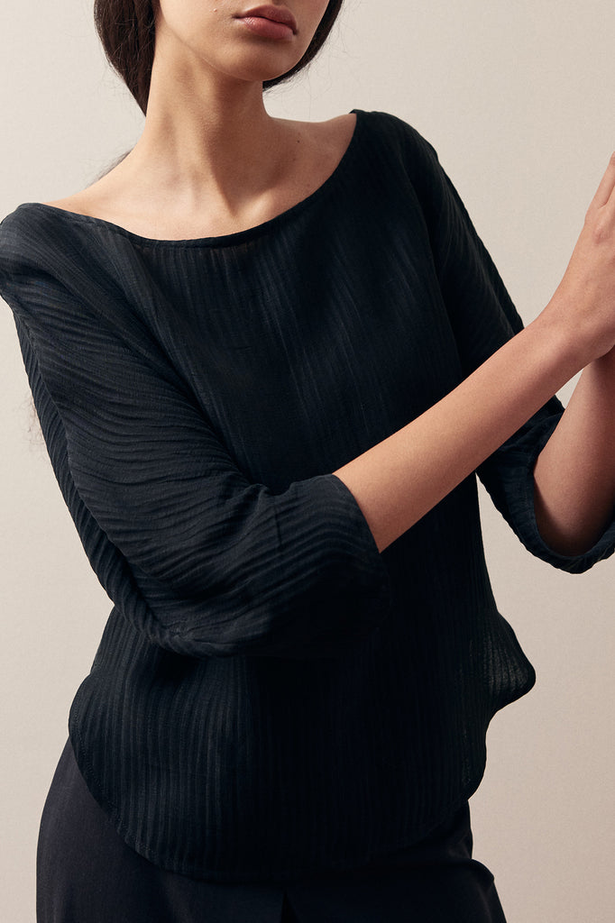 Textured Curved Sleeve Top Silk-Linen - Ónix