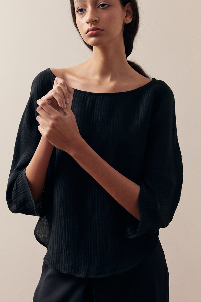 Textured Curved Sleeve Top Silk-Linen - Ónix