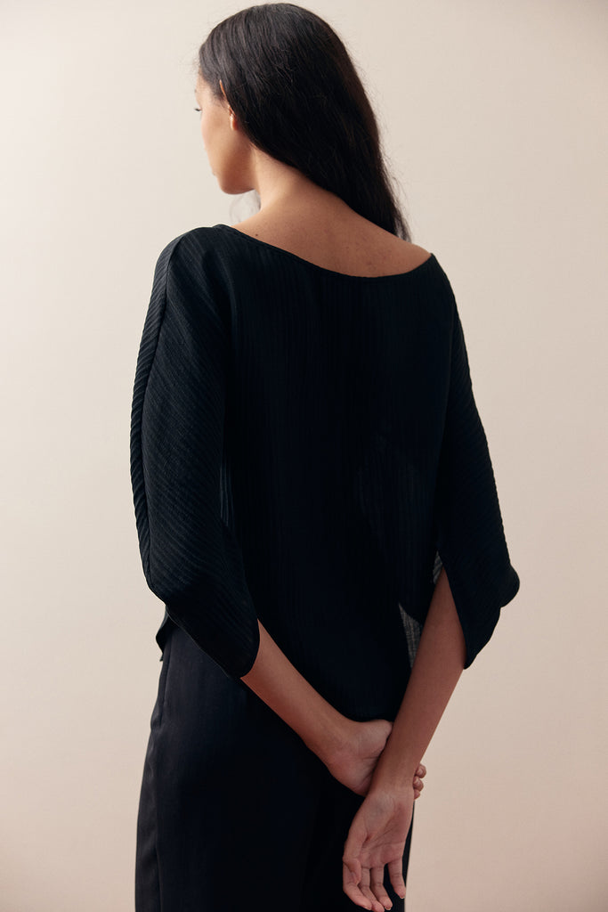 Textured Curved Sleeve Top Silk-Linen - Ónix