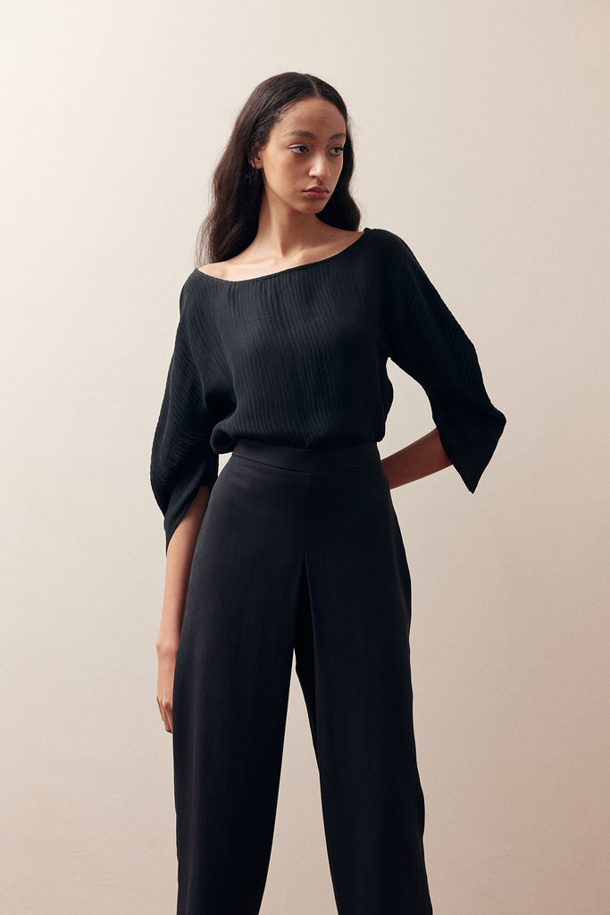 Textured Curved Sleeve Top Silk-Linen - Ónix