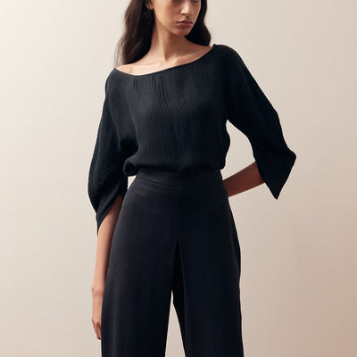 Textured Curved Sleeve Top Silk-Linen - Ónix