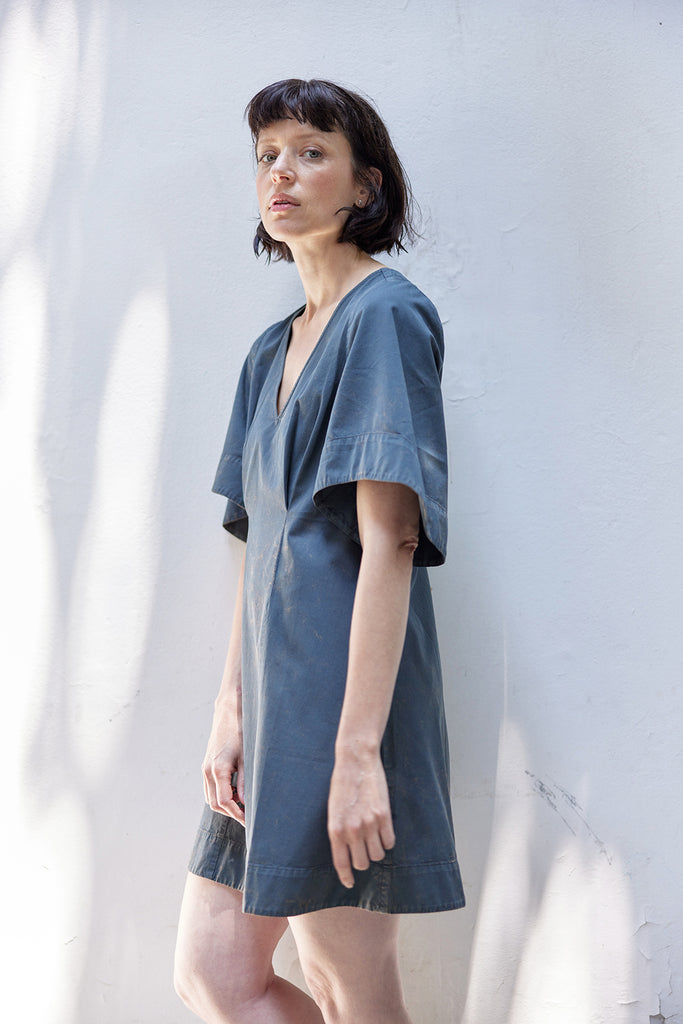 Washed Ample Sleeves V-Neck Short Dress Cotton - Piedra