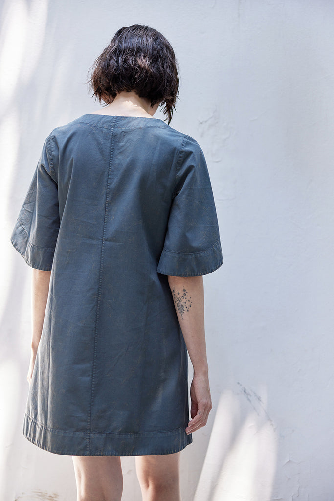 Washed Ample Sleeves V-Neck Short Dress Cotton - Piedra