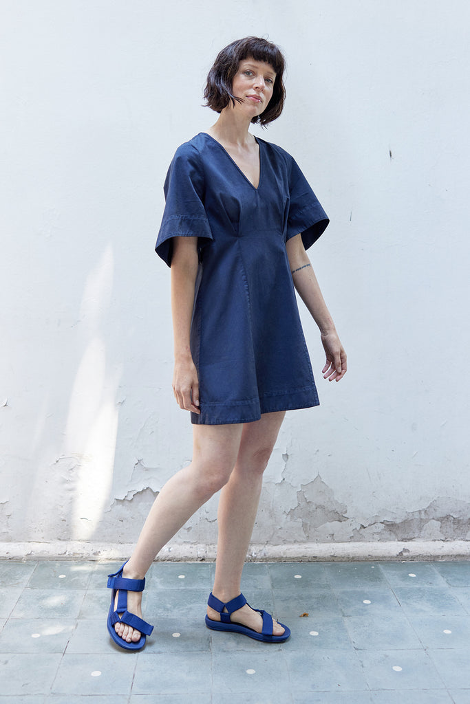 Washed Ample Sleeves V-Neck Short Dress Cotton - Lago