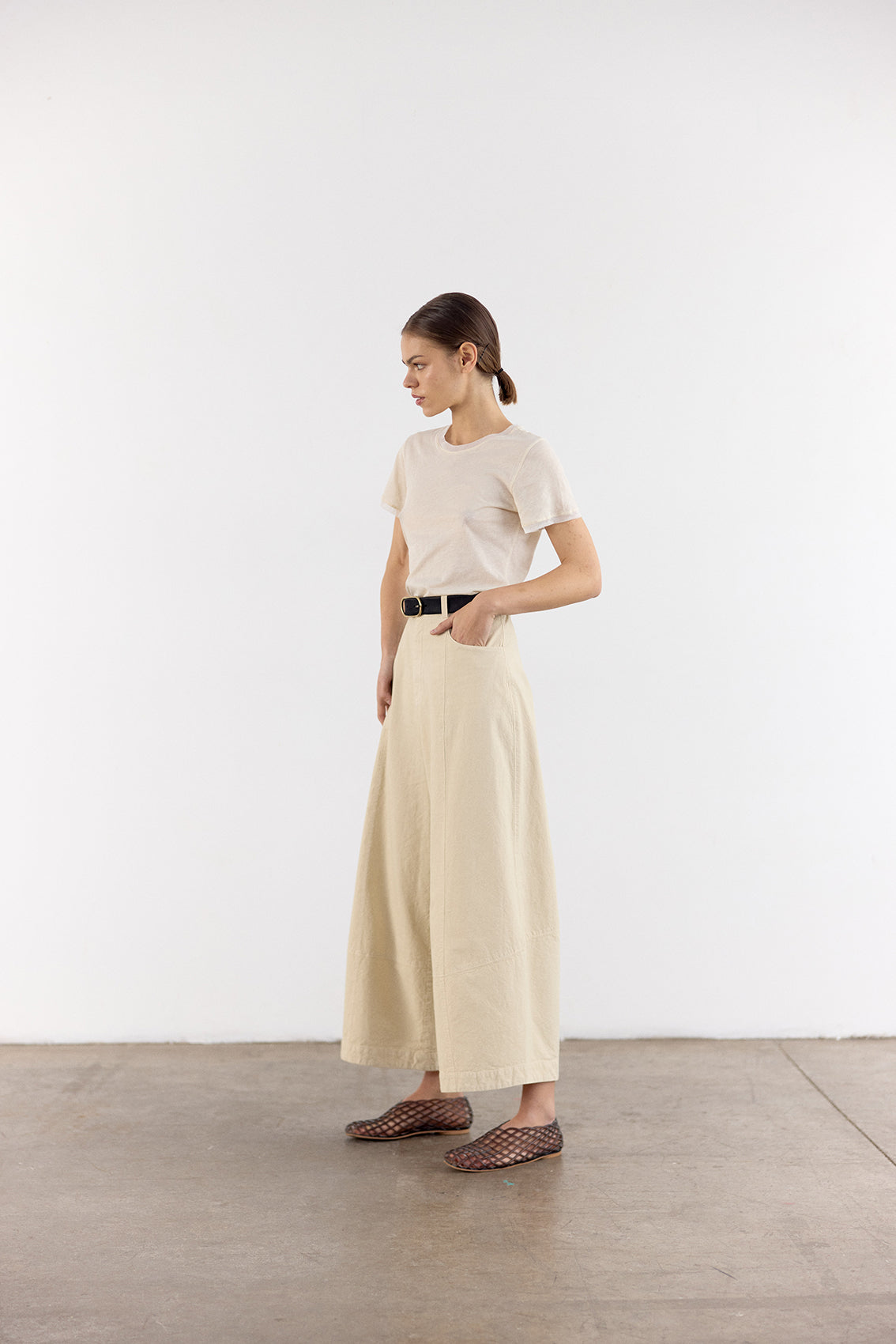 Pantalón Ancho Curvo Algodón Rugoso - Mantequilla