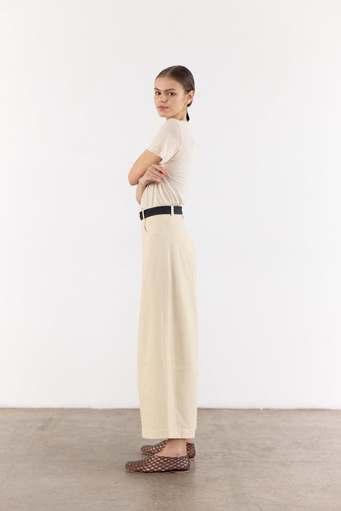 Pantalón Ancho Curvo Algodón Rugoso - Mantequilla