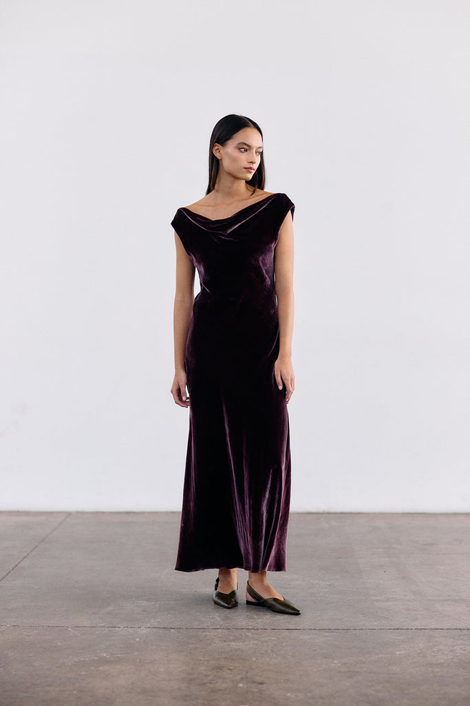 Vestido Drapeado Terciopelo - Vino