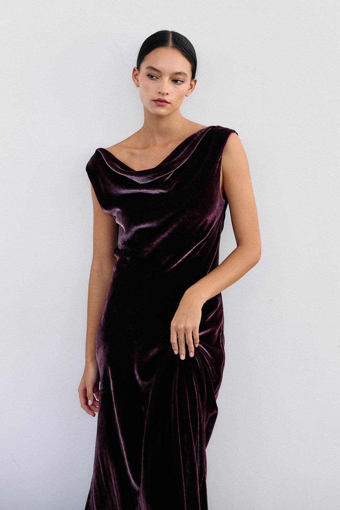 Silk Velvet Draped Neck Dress - Vino