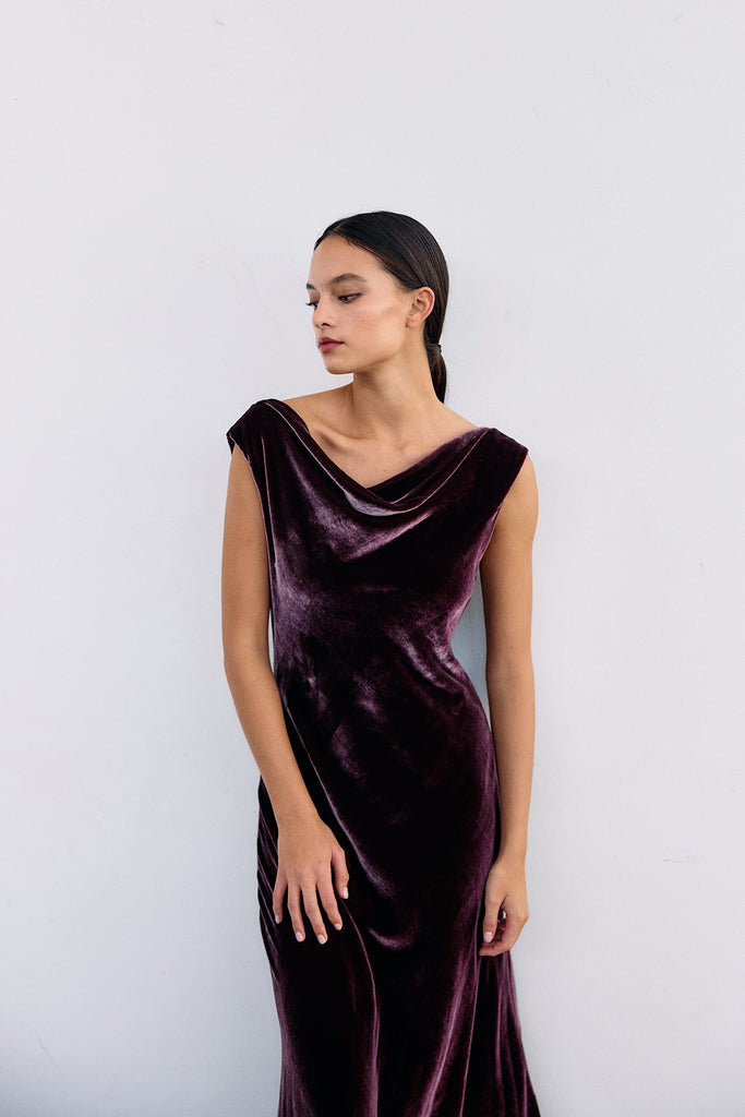 Vestido Drapeado Terciopelo - Vino