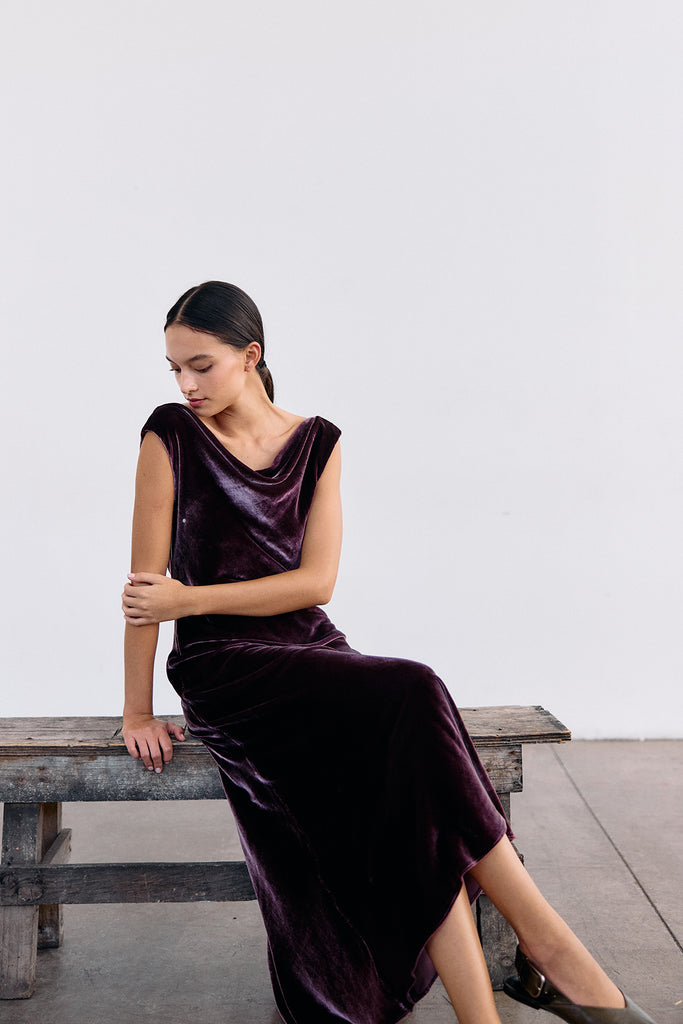 Vestido Drapeado Terciopelo - Vino