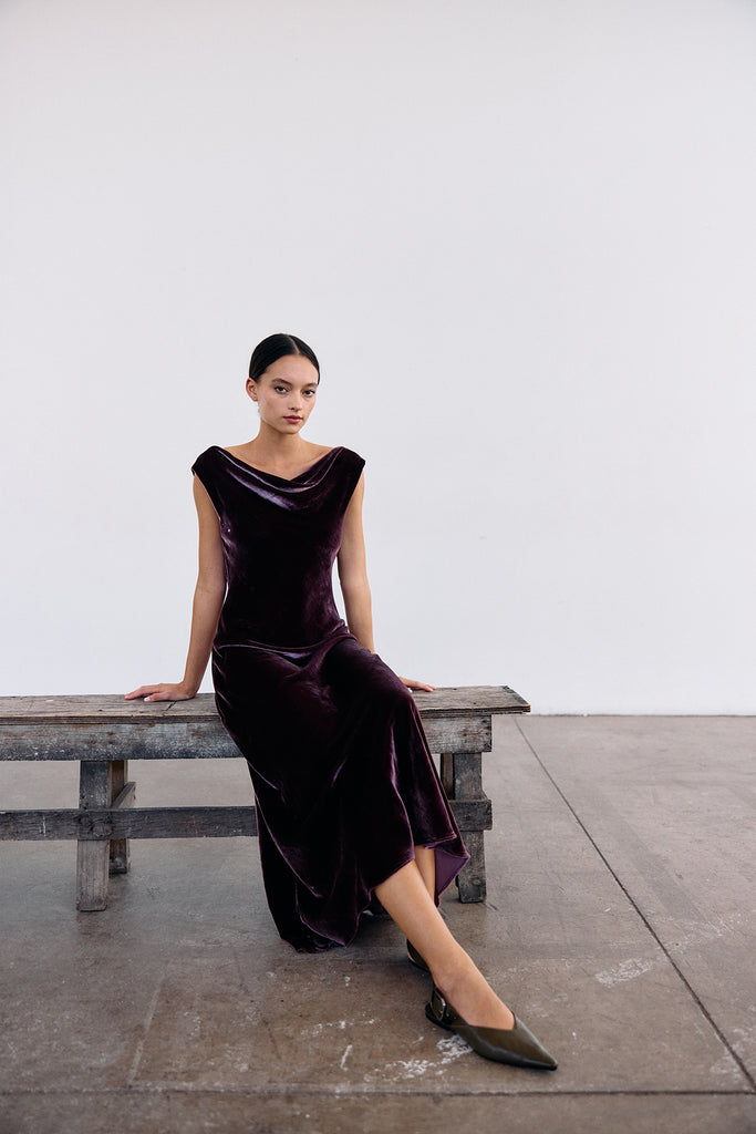 Vestido Drapeado Terciopelo - Vino