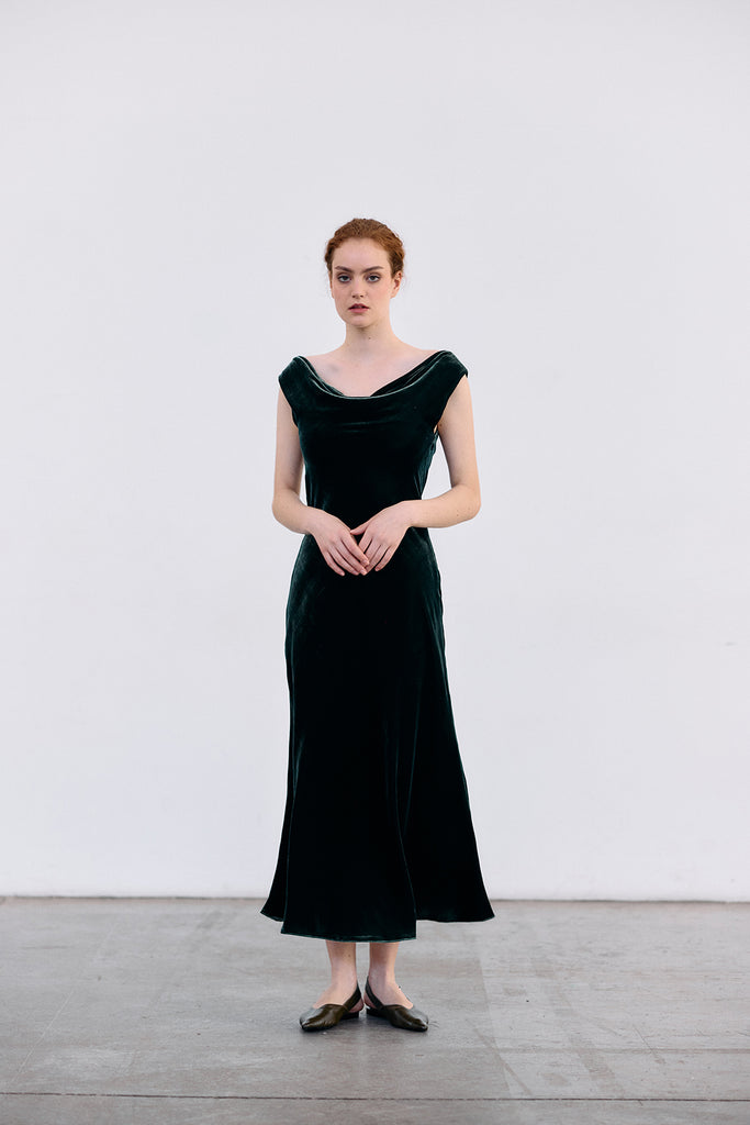 Vestido Drapeado Terciopelo - Bosque