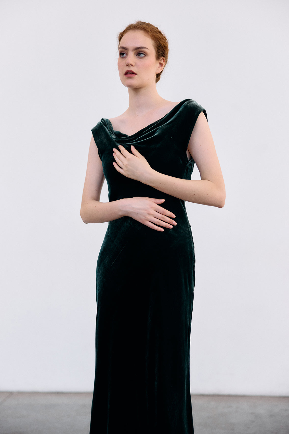 Silk Velvet Draped Neck Dress - Bosque