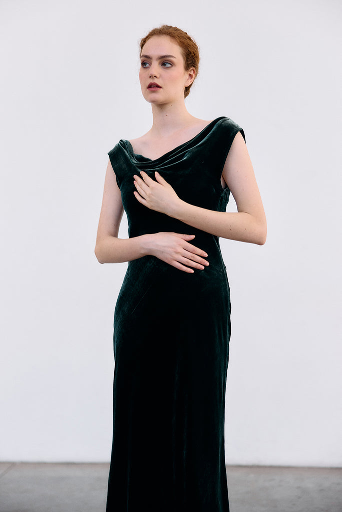 Vestido Drapeado Terciopelo - Bosque