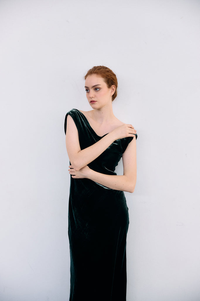 Vestido Drapeado Terciopelo - Bosque