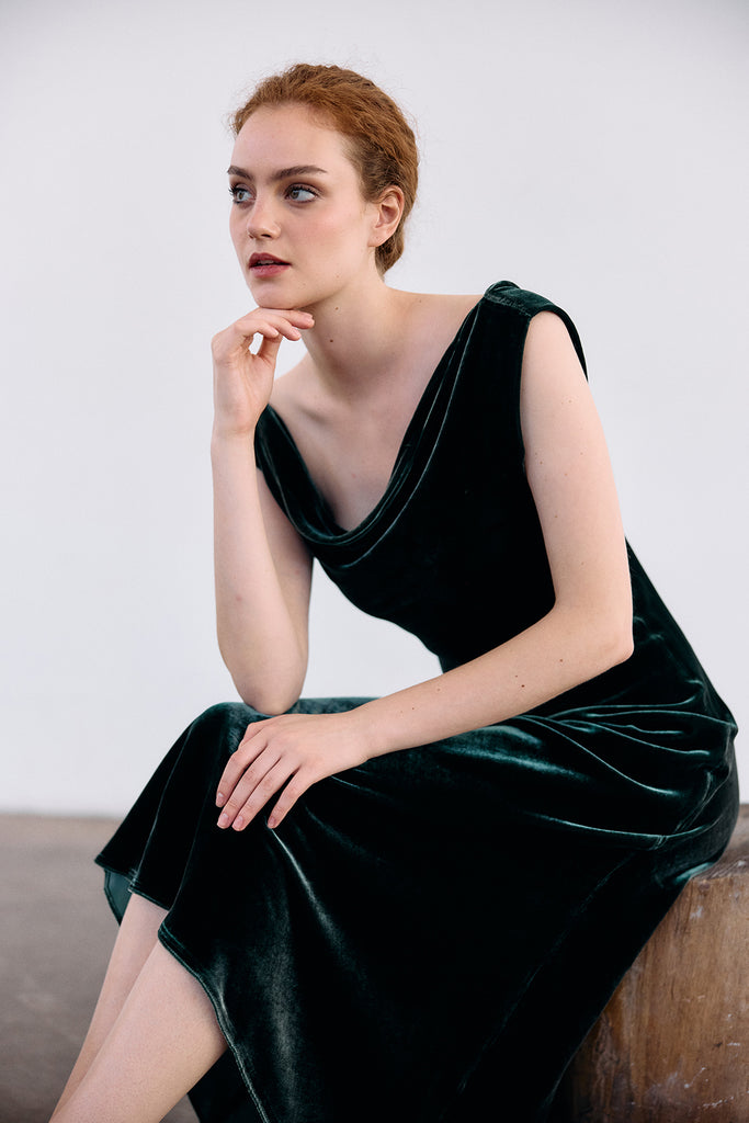 Vestido Drapeado Terciopelo - Bosque