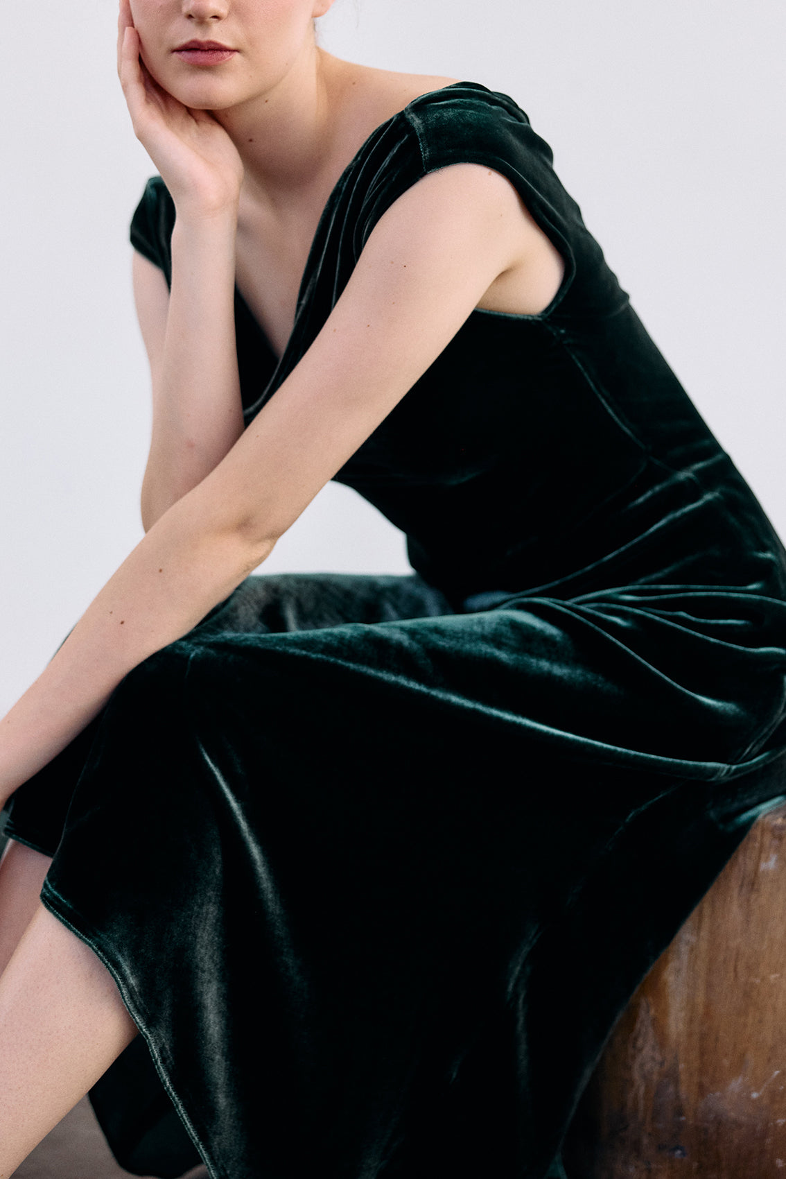 Silk Velvet Draped Neck Dress - Bosque