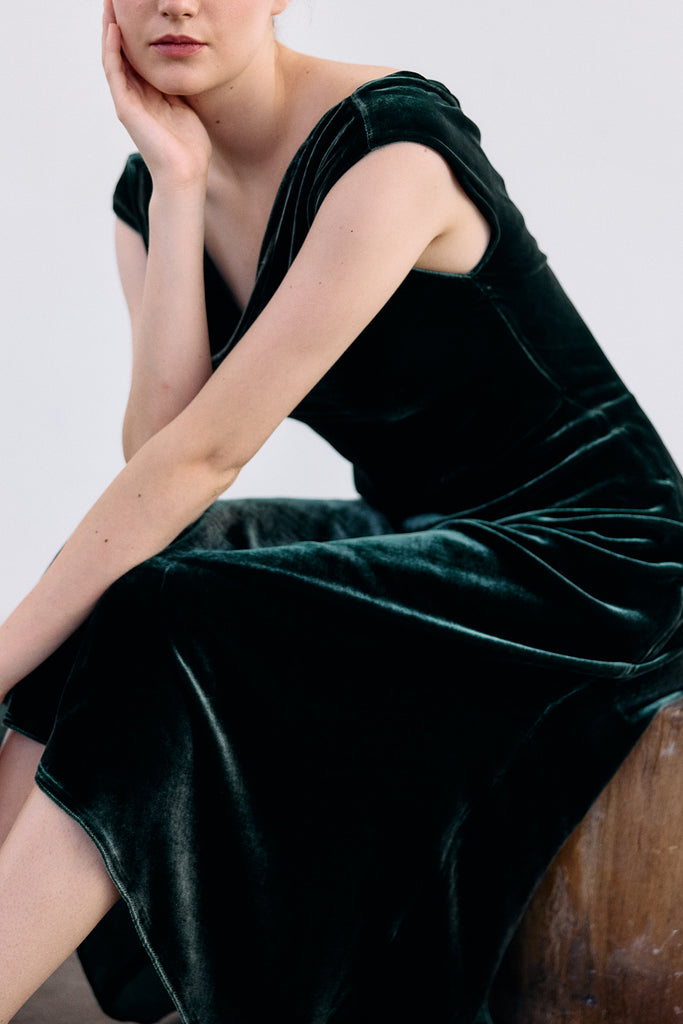 Vestido Drapeado Terciopelo - Bosque