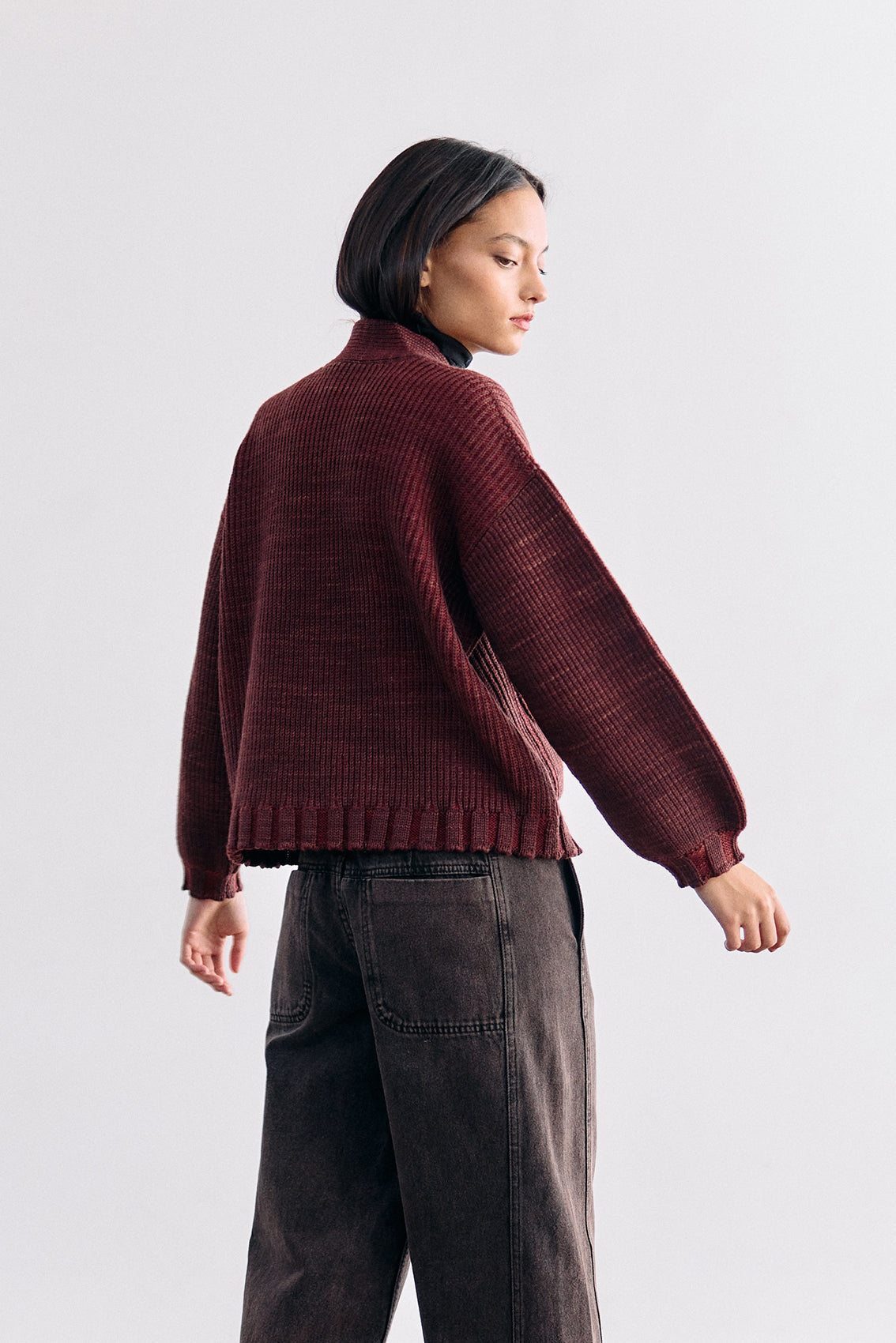 Hand-Dyed Contrast Merino Wool Cardigan - Mix Vino