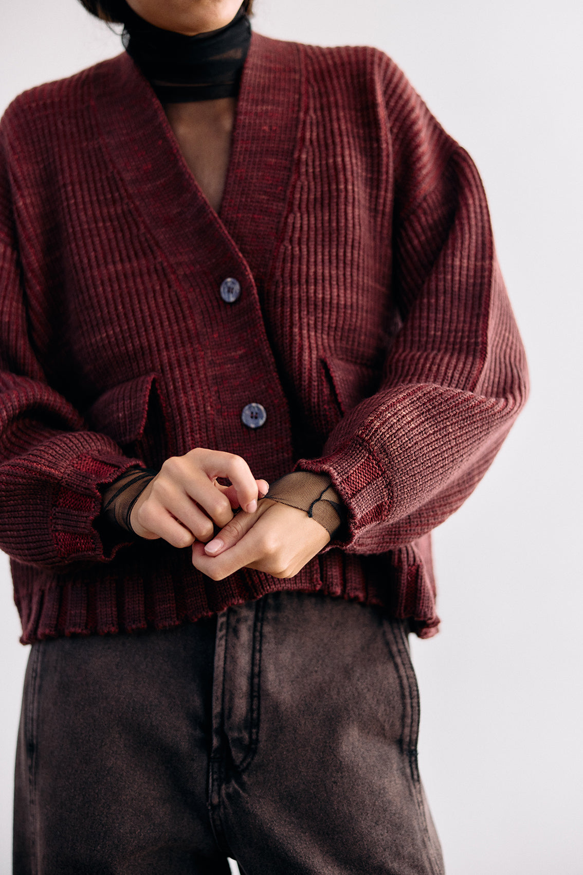 Hand-Dyed Contrast Merino Wool Cardigan - Mix Vino