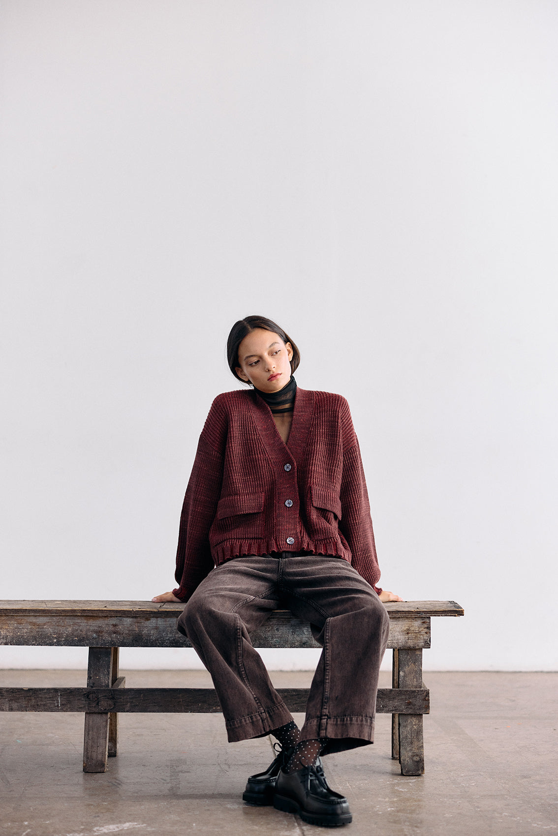 Hand-Dyed Contrast Merino Wool Cardigan - Mix Vino