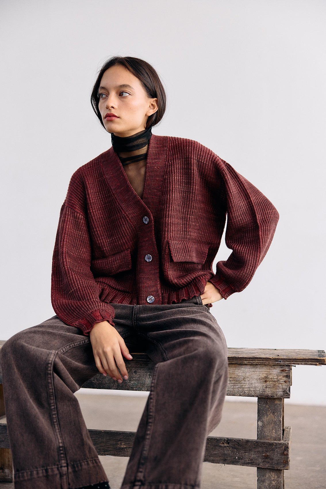 Hand-Dyed Contrast Merino Wool Cardigan - Mix Vino